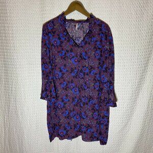Free People Plum Purple Blouse Blue Floral Tunic Bell Sleeves Boho Size L